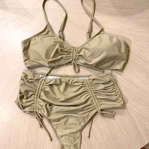 High-waisted, cheeky, tan bikini